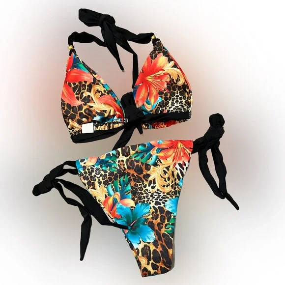 Tropical Floral Animal Print Halter Tie Sides Cheeky Bikini Set - Picture 9 of 12